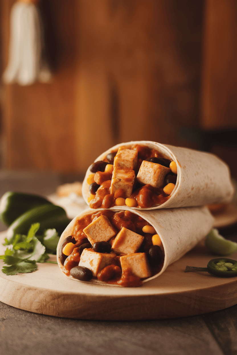 Warm indoor scene with a burrito open-faced to reveal sautéed tofu cubes in ranchero sauce, black beans, and corn. No text or logos. Photo, not illustration.