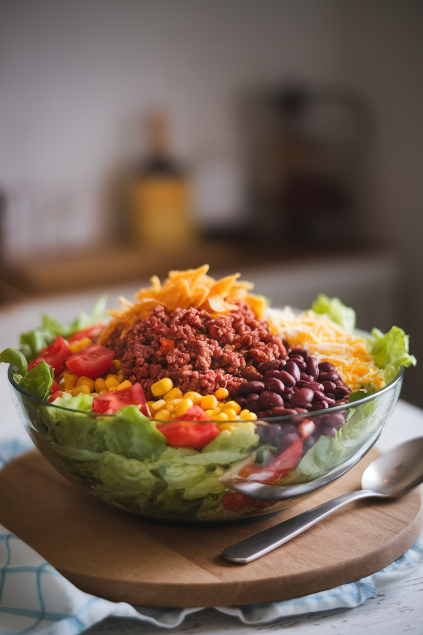 Indoor photo of a wide salad bowl filled with lettuce, seasoned ground beef, corn, beans, tomatoes, shredded cheese, and crushed tortilla chips. No logos or text. Photo, not illustration.