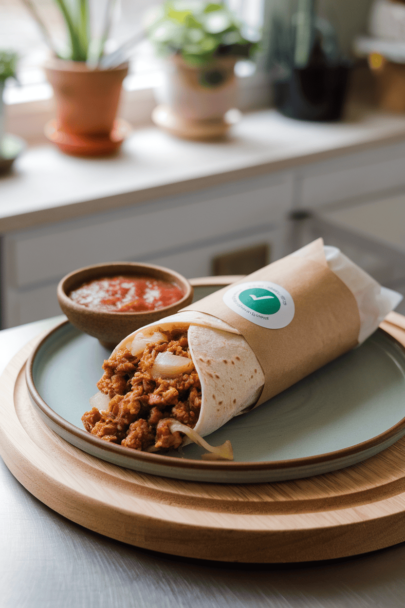 An indoor counter with a burrito highlighting crumbled maple plant-based sausage and caramelized onions. No text or logos. Photo, not illustration.