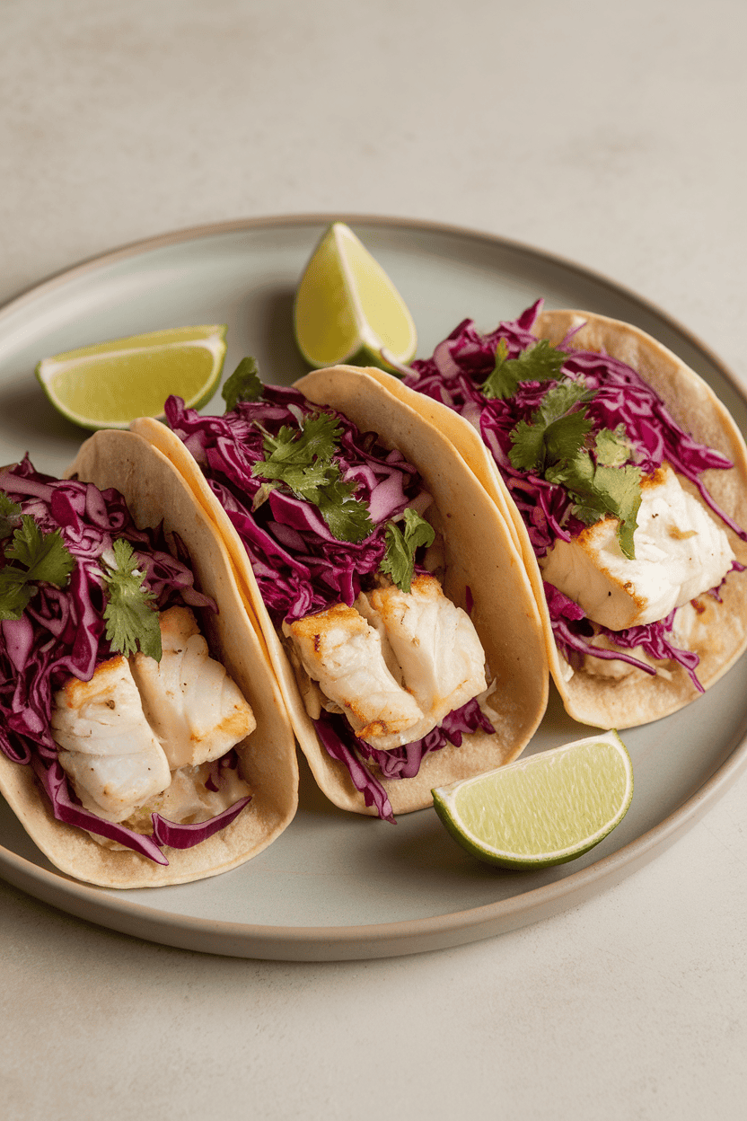 Photo prompt: Indoor presentation of three assembled fish tacos on a neutral plate, featuring cooked flaky white fish, purple cabbage slaw, and lime wedges; no logos, no text.