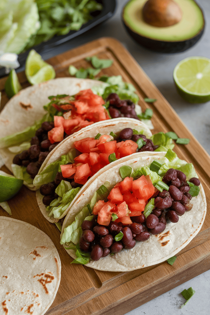 An indoor taco assembly scene with soft tortillas filled with seasoned black beans, lettuce, and diced tomatoes on a wooden board. No text or logos present.