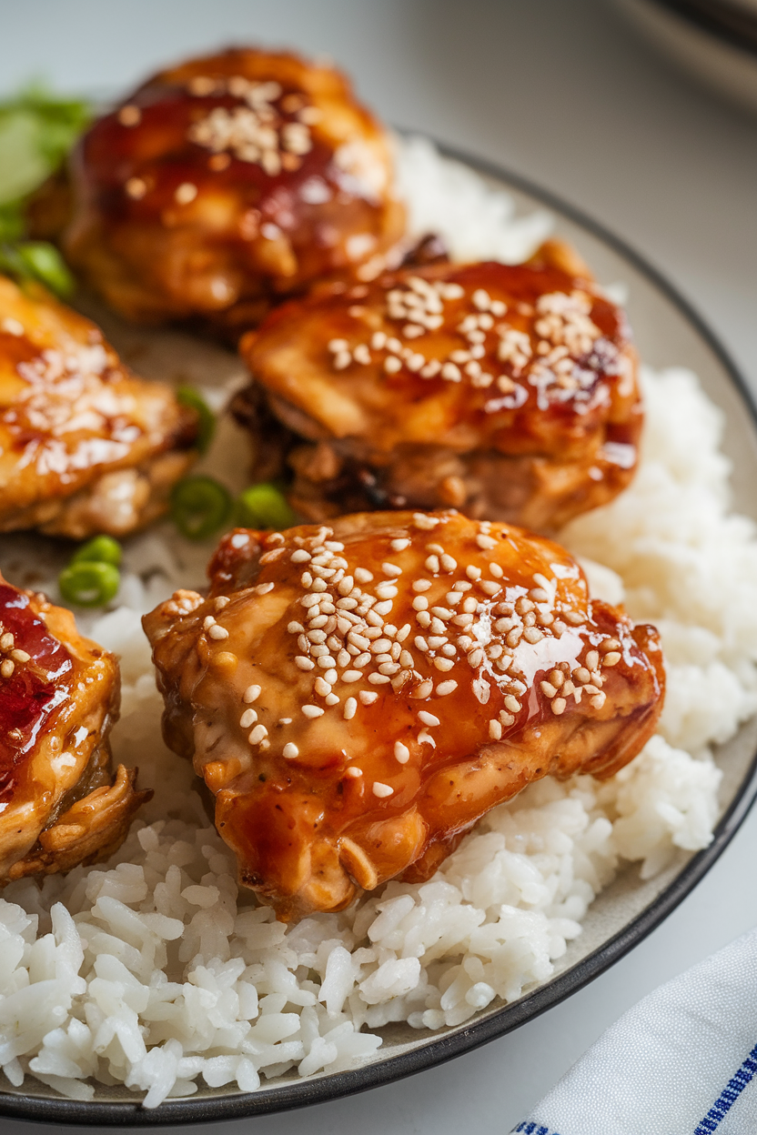 Photo of glazed teriyaki chicken thighs arranged on a plate of rice indoors, sprinkle of sesame seeds, no text or logos