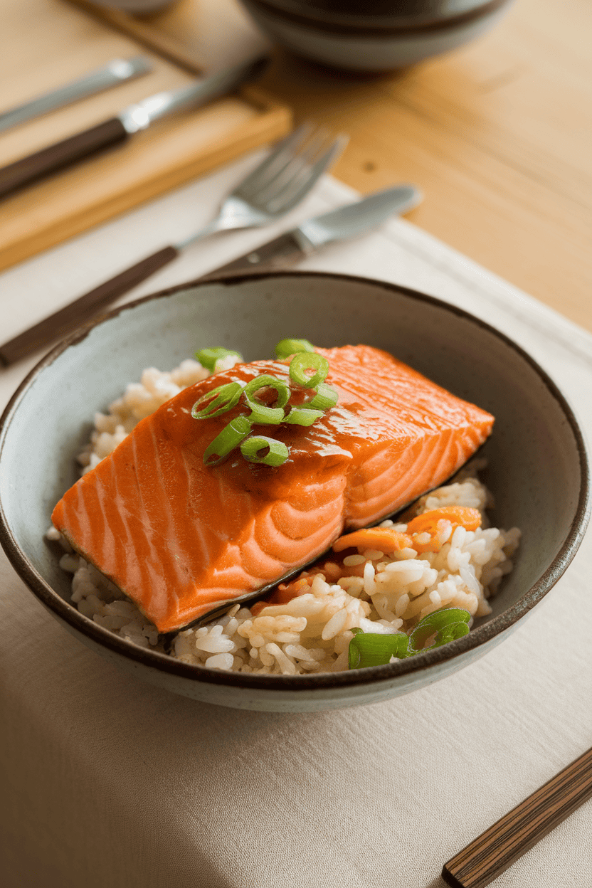 An indoor dining table with a bowl of cooked salmon glazed in teriyaki sauce atop steamed rice and sesame vegetables, no text or logos.