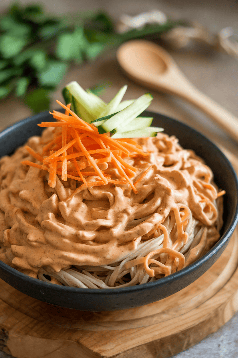 Indoor photo of a large bowl of chilled noodles coated in creamy peanut dressing, garnished with shredded carrots and cucumber matchsticks; no text or logos.