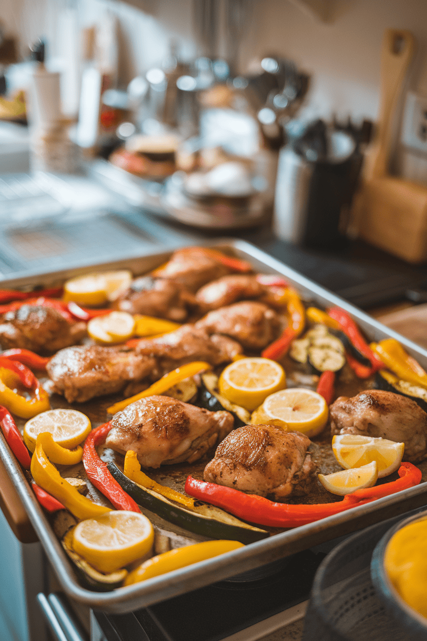 An indoor kitchen counter with a large sheet pan covered in roasted chicken thighs, bright bell peppers, zucchini, and lemon slices, all glistening with olive oil—no text or logos.