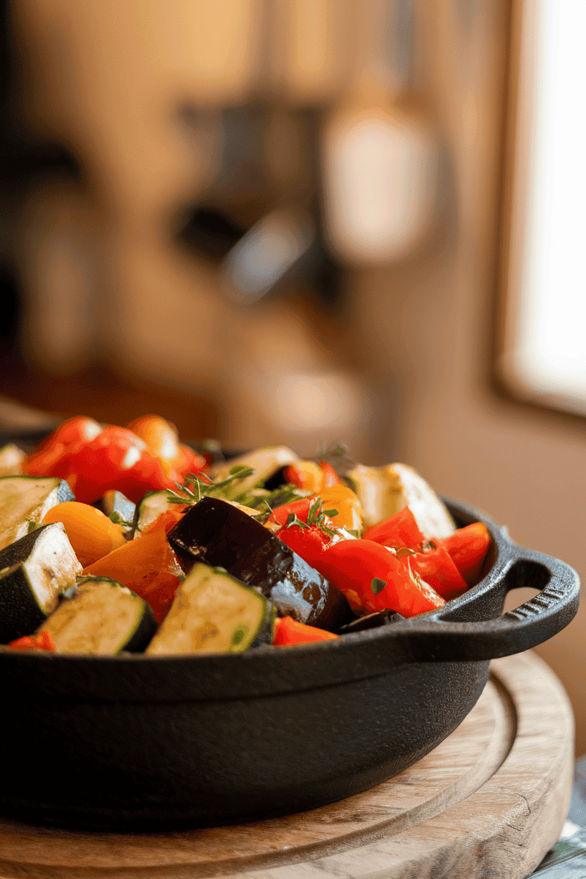Photo of chunky cooked zucchini, eggplant, tomatoes, and bell peppers in a cast-iron pot indoors. Warm, even light; no branding or text.