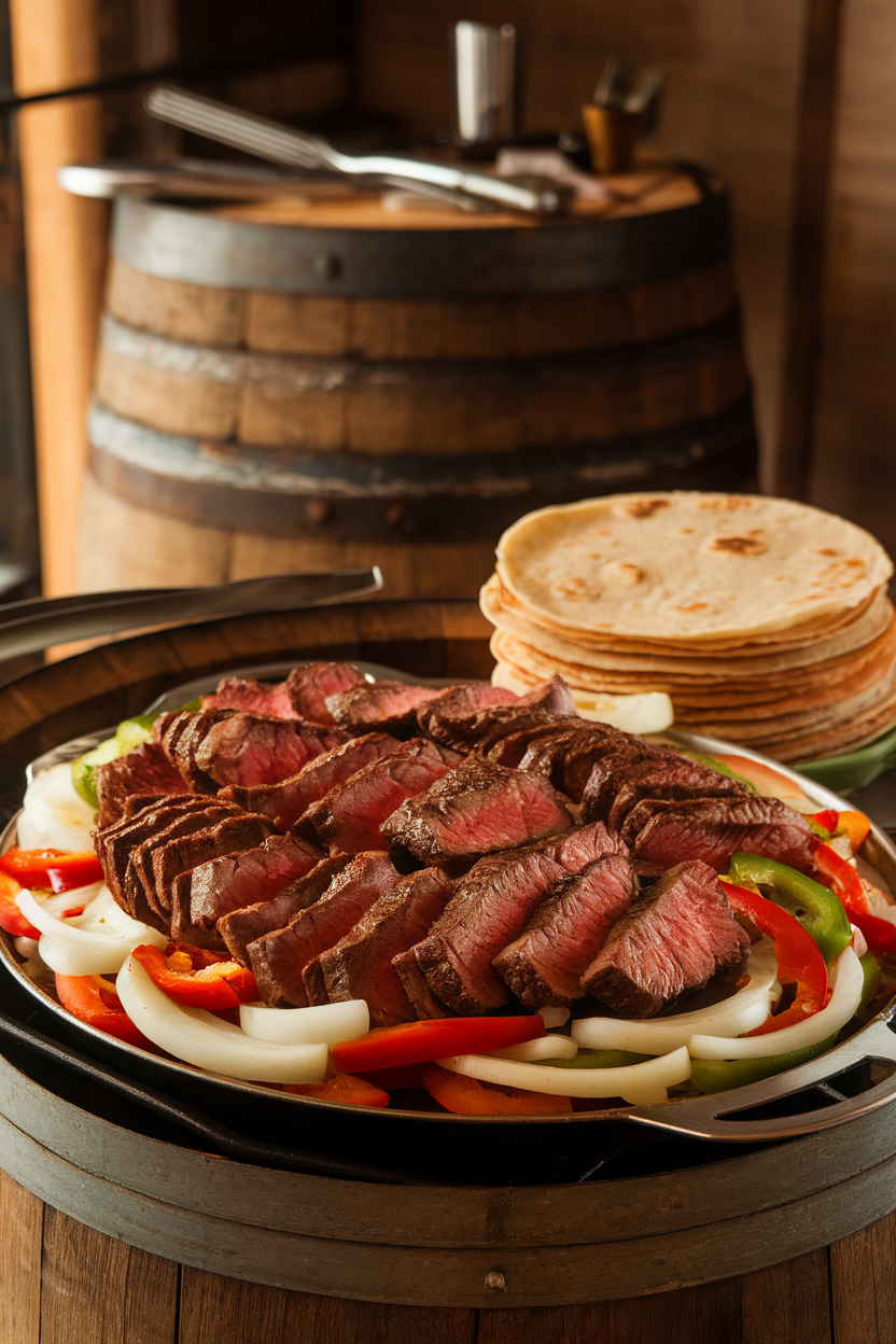 Indoor photo of sizzling sliced steak, peppers, and onions on a platter with a stack of warm tortillas beside it. No logos or text present.