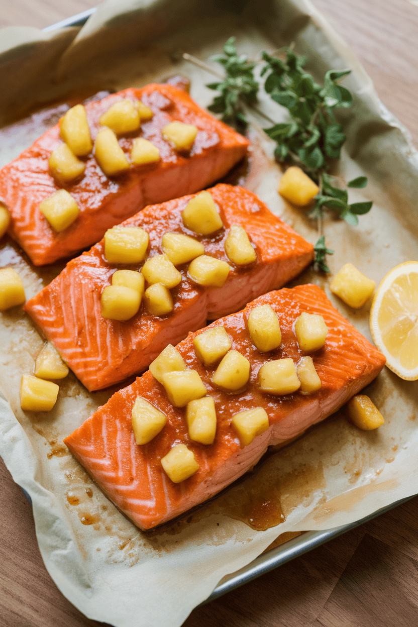 Indoor photo of cooked teriyaki-glazed salmon fillets topped with pineapple tidbits, cooling on a parchment-lined tray. No text or logos present.