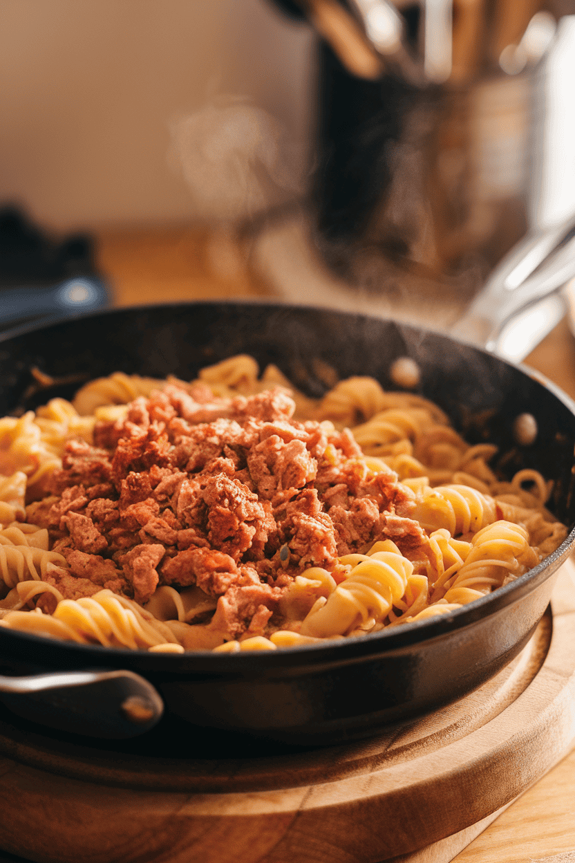 Indoor photo of a deep skillet filled with saucy spaghetti noodles and crumbled cooked turkey, steam rising under warm lighting; no text or logos visible