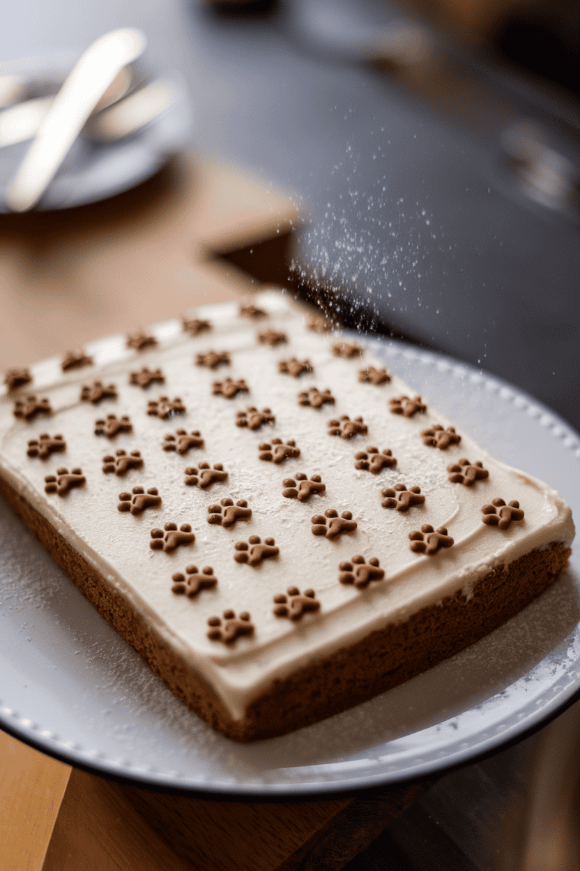 An indoor dessert plate with a frosted carrot cake sheet stamped with small chocolate “paw” prints across the surface, taken in diffused light. No visible text or logos; photo only.