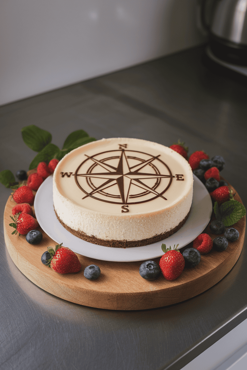 An indoor kitchen counter displaying a classic cheesecake topped with a chocolate compass rose design, photographed from above. Soft natural light, no logos or text; photo, not illustration.