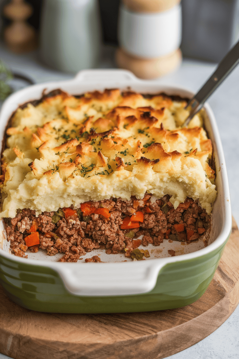 Photo indoors of a casserole dish with a scoop taken out to reveal ground meat and vegetables under a golden mashed potato crust; no text or logos.