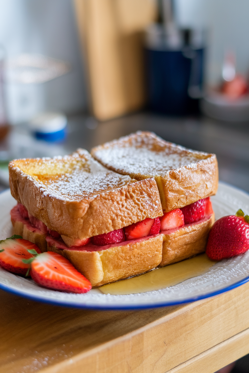 Indoor breakfast spread featuring rectangular pieces of cooked French toast filled with strawberry puree, dusted lightly with powdered sugar on a plate. No logos or text.