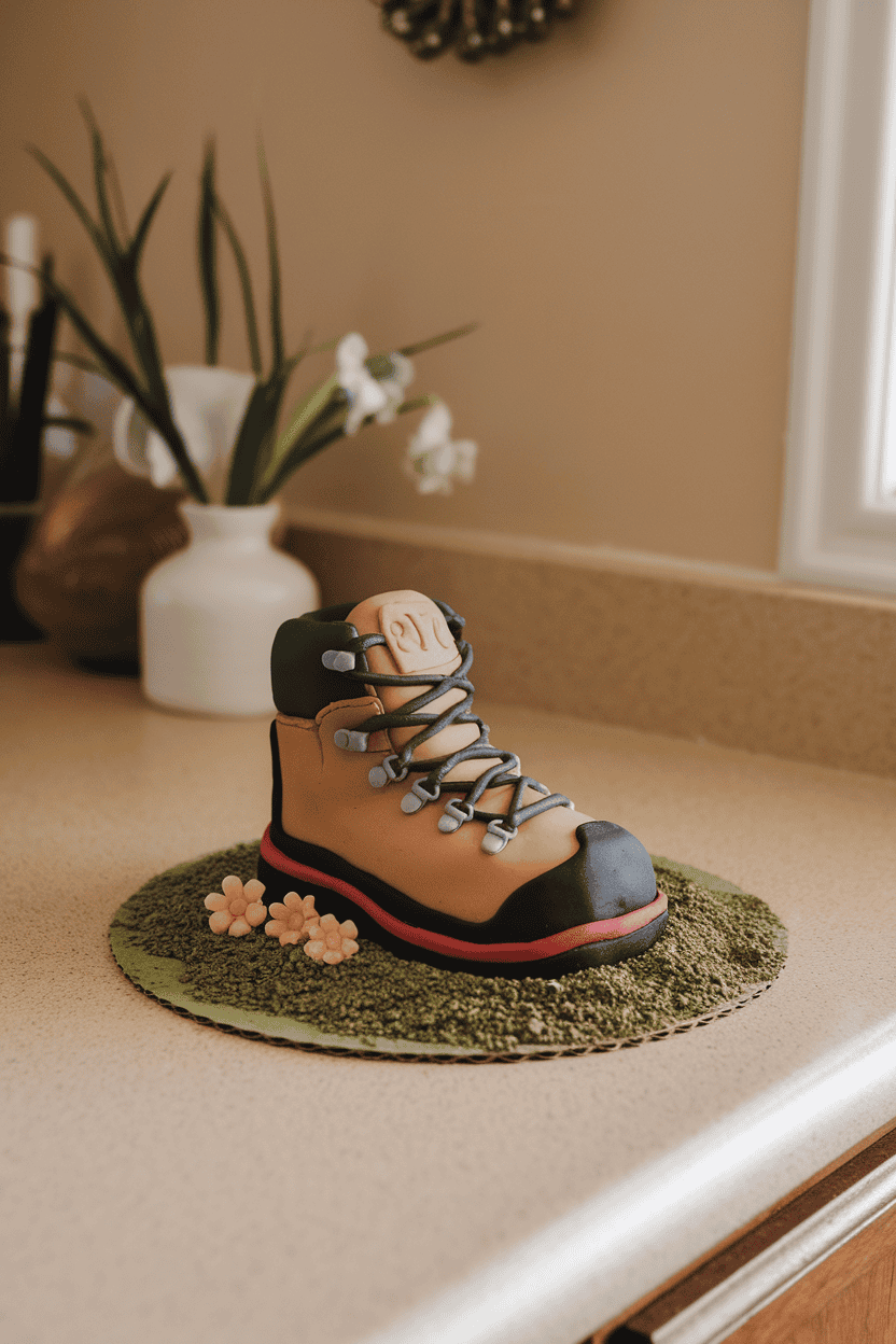 An indoor countertop with a realistic fondant hiking boot cake sitting on a sprinkle “dirt” path, softly side-lit. No visible text or logos; photograph.
