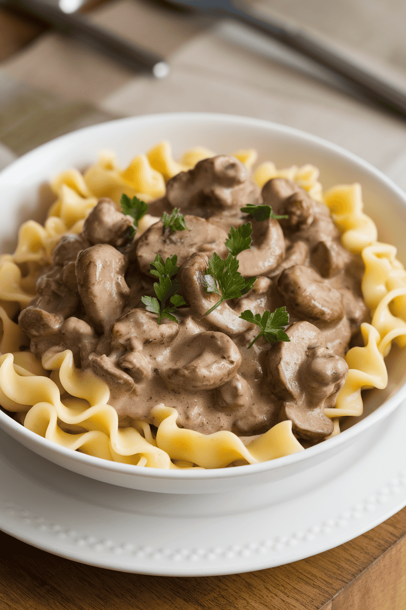 A white indoor bowl of egg noodles coated in creamy beef stroganoff sauce with mushrooms; photo, no text or logos.