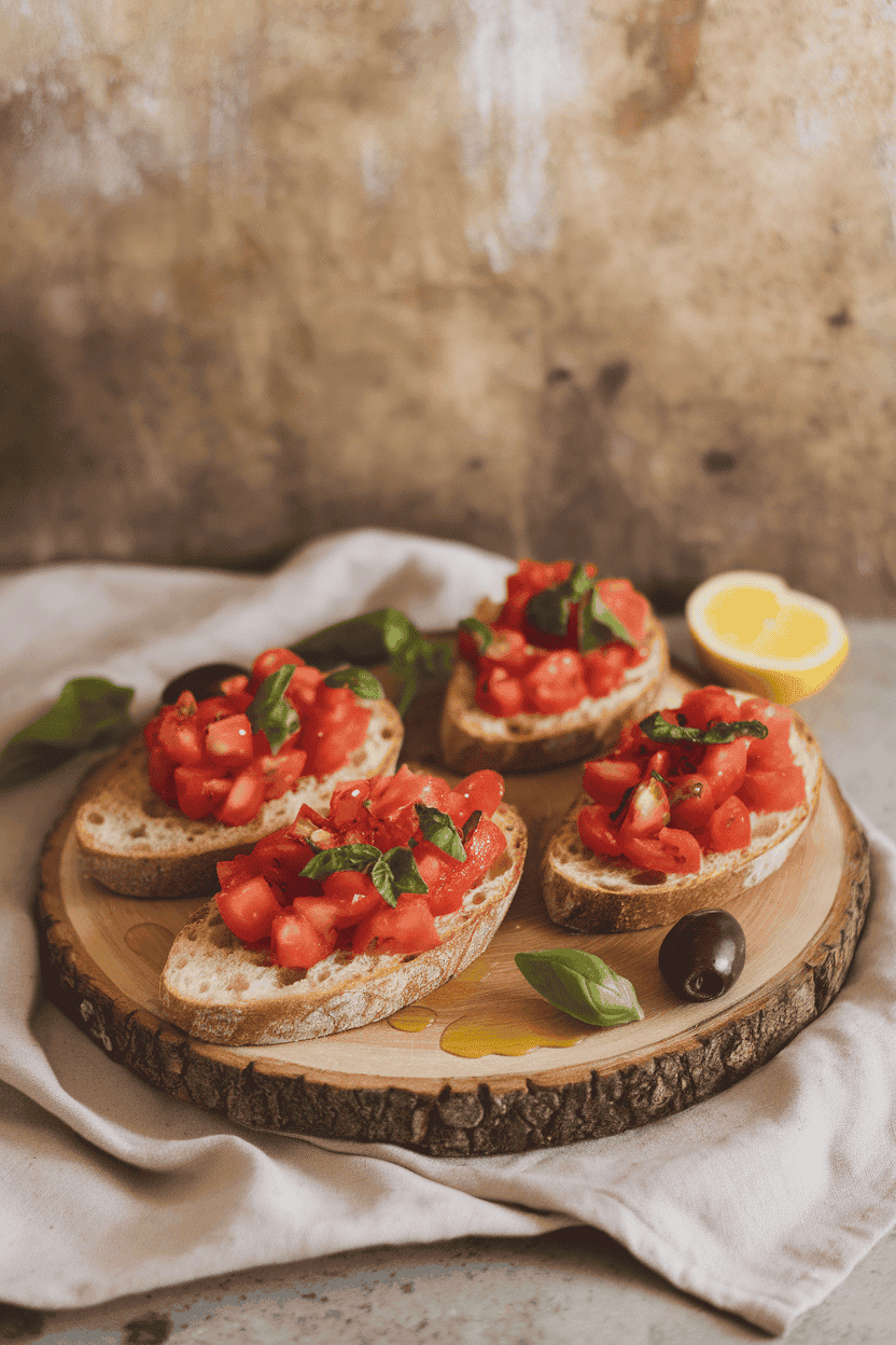 A wooden indoor serving board with toasted baguette slices topped with diced tomatoes, basil, and a drizzle of olive oil; no text or logos. Photo, not illustration.