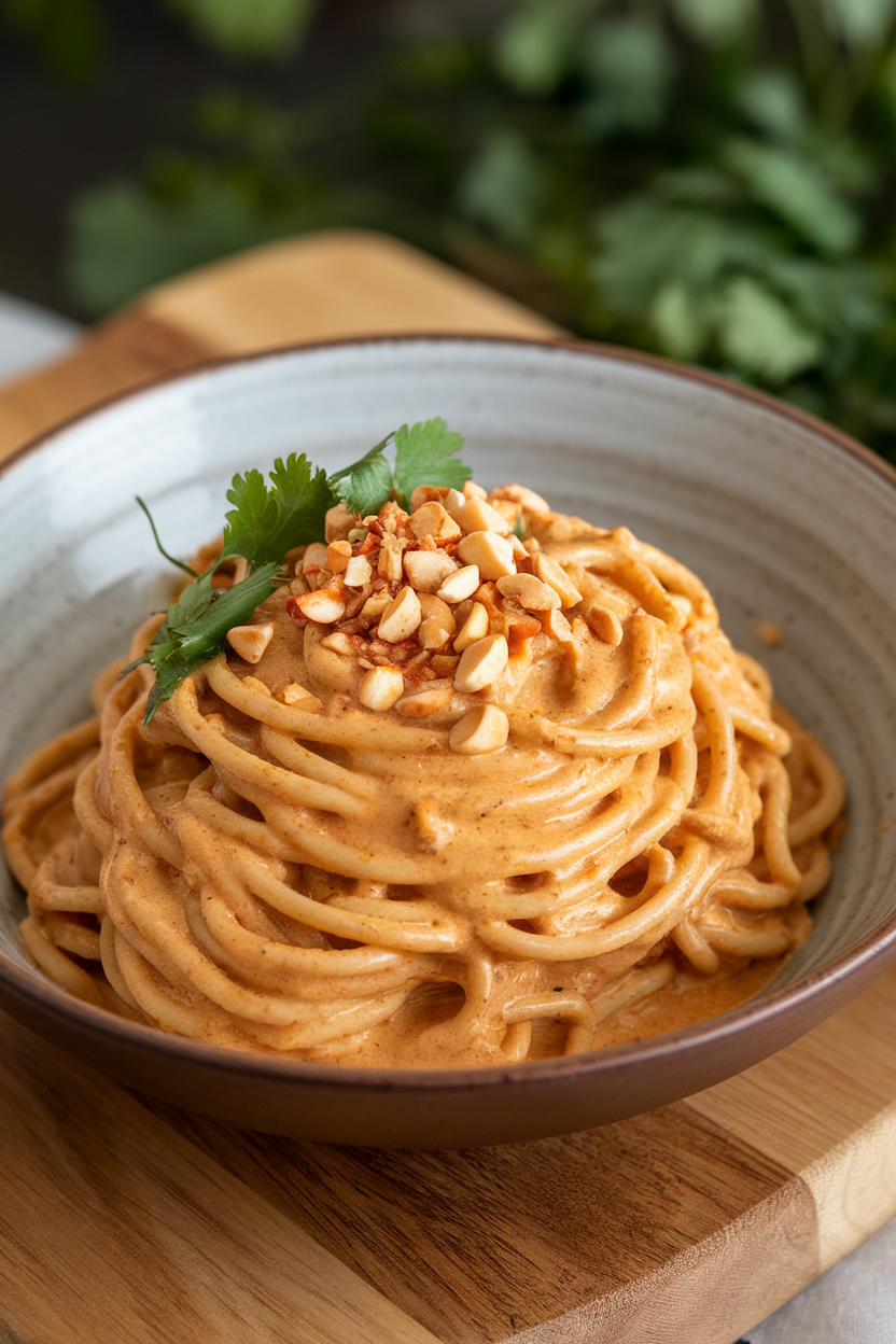 Indoor photo of spaghetti coated in creamy peanut sauce, garnished with chopped peanuts and cilantro, no text or logos