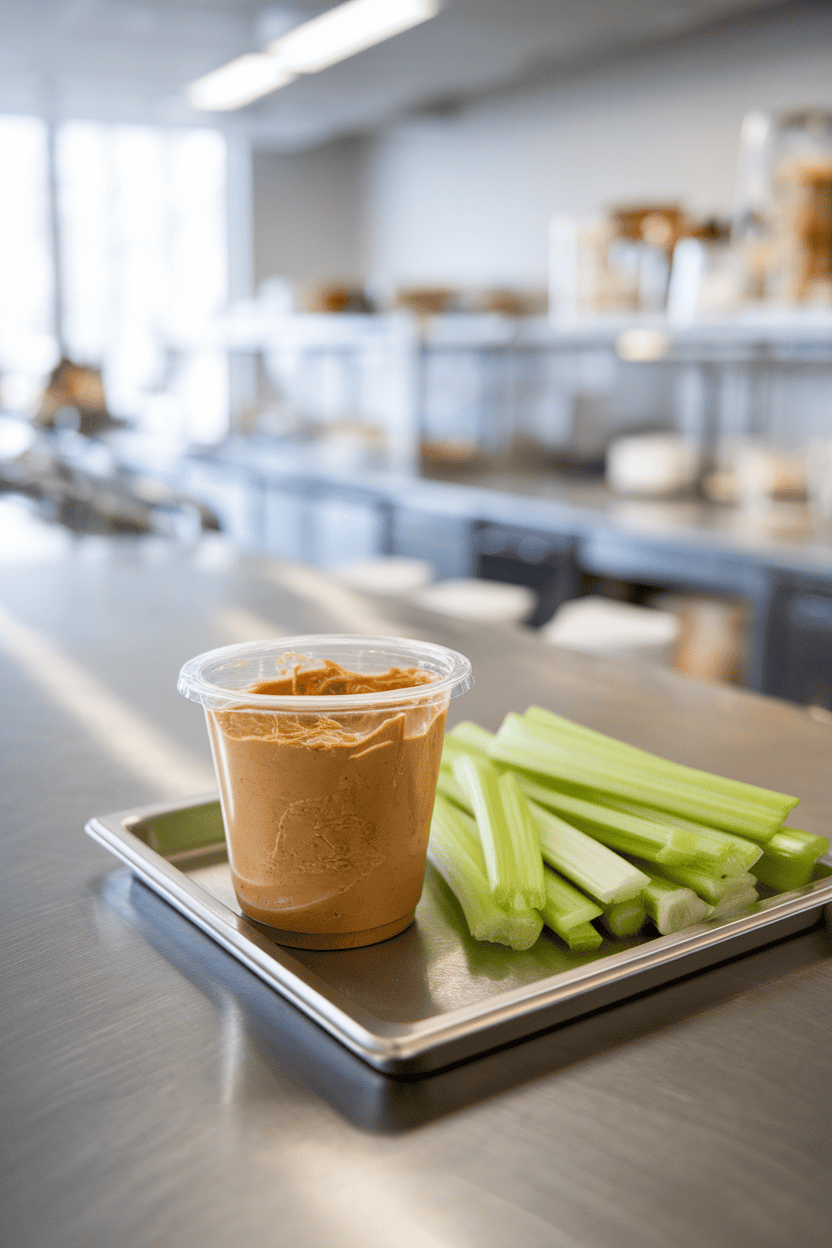 An indoor lunch counter showing a small sealed plastic cup of peanut butter beside celery sticks for dipping. Even lighting, no text or logos.