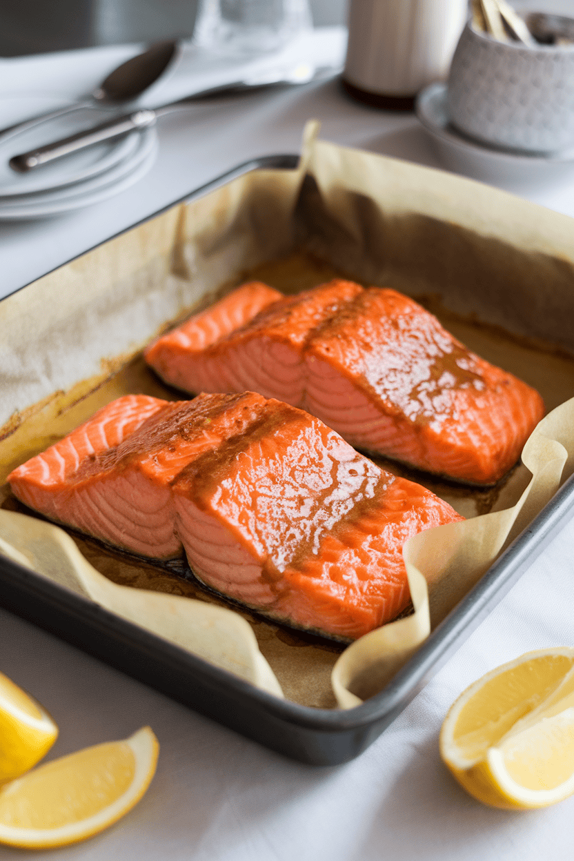Indoor dining table showing a parchment-lined baking dish of cooked salmon fillets brushed with shiny honey-mustard glaze, lemon slices nearby. Photo only; fish fully cooked, no text or logos.