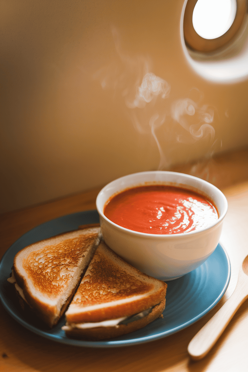 Warm indoor photo of a bowl of smooth tomato soup next to a diagonally cut grilled cheese sandwich, no text or logos