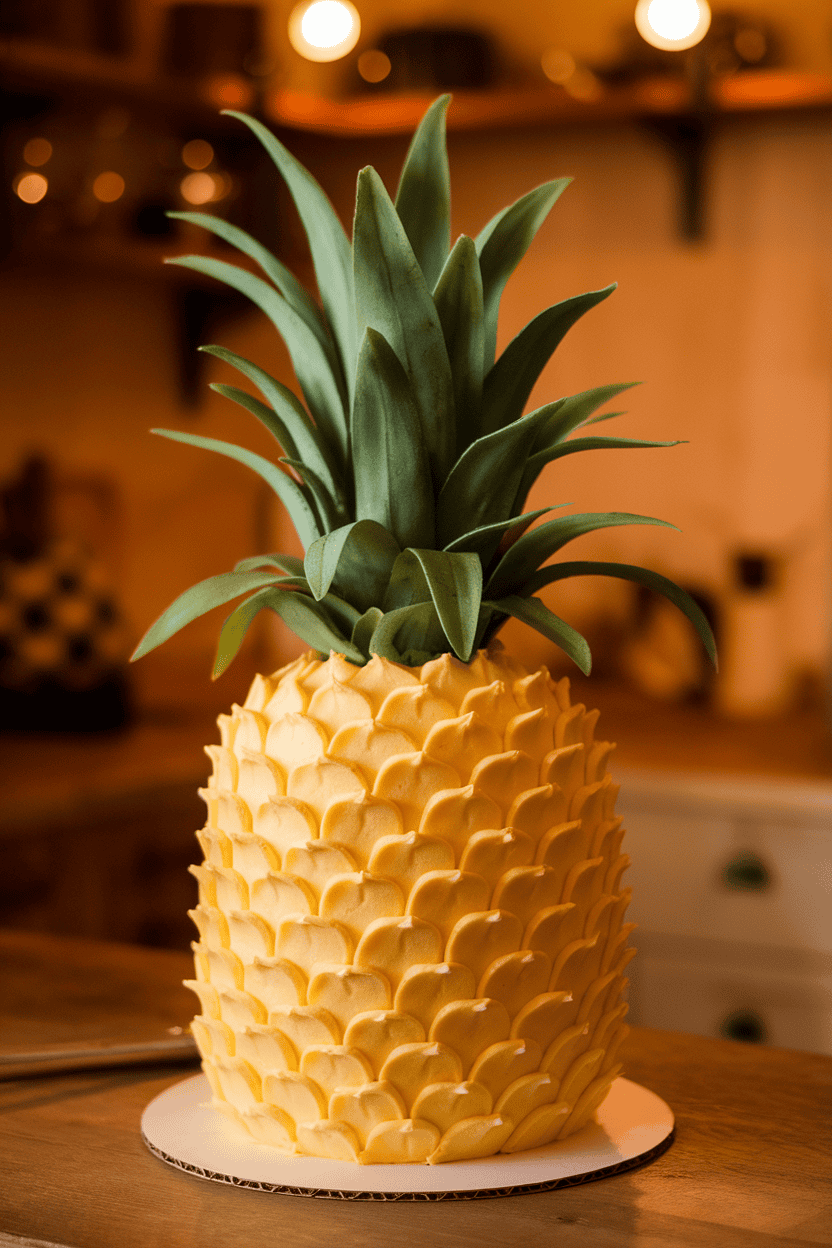 Indoor photo of a cake shaped like a standing pineapple, covered in yellow buttercream scales and topped with tall green fondant leaves; warm kitchen lighting; no logos or text.