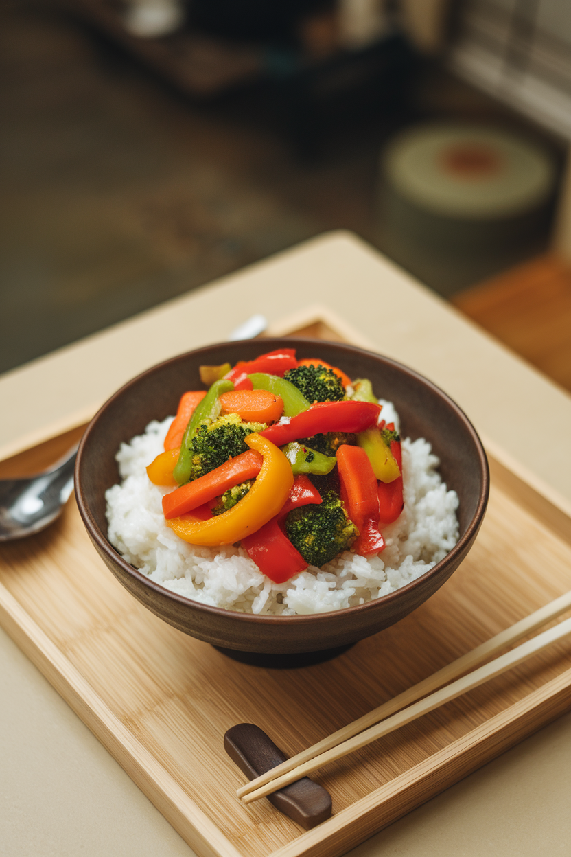 Indoor photo of a bowl of steamed rice topped with a colorful medley of sautéed bell peppers, broccoli, and carrots in a light soy glaze. No text or logos visible.