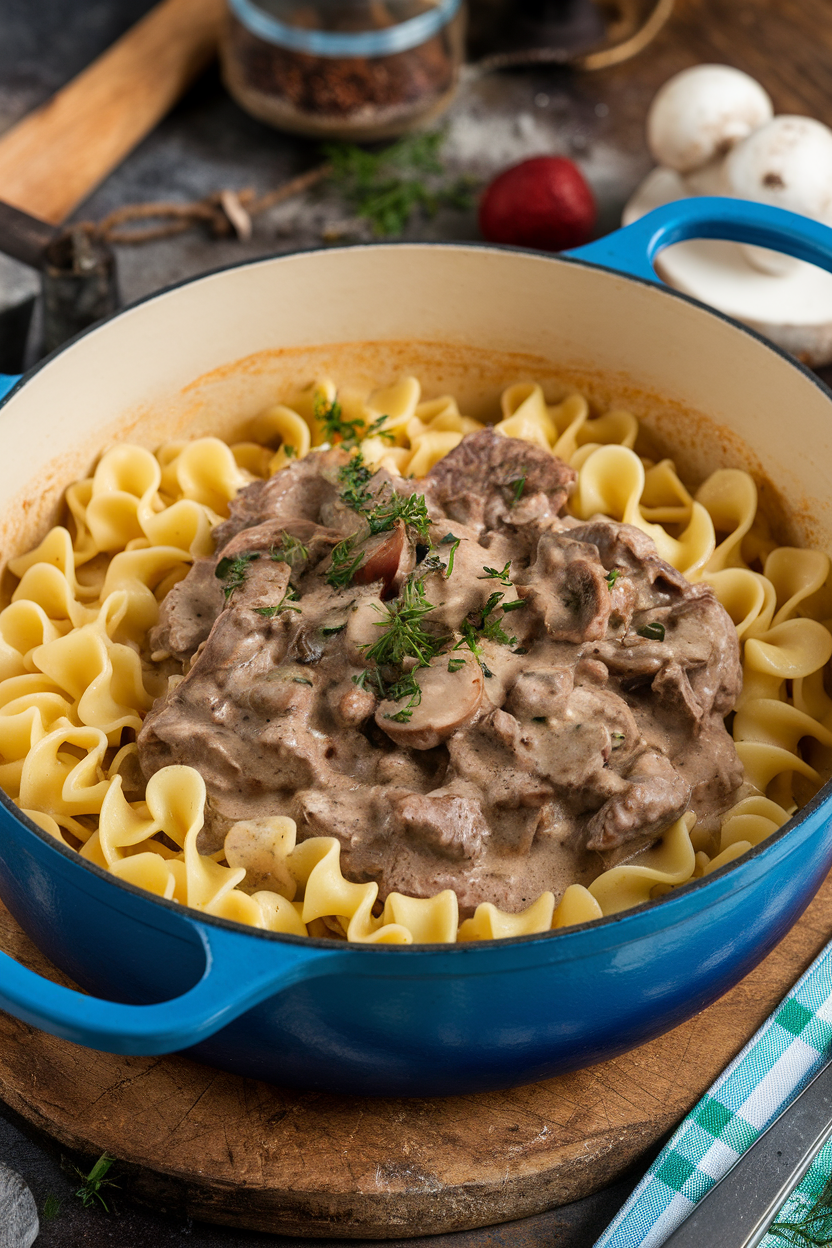 Indoor photo of creamy beef stroganoff—wide noodles coated in mushroom gravy—in a Dutch oven. No visible text or logos.