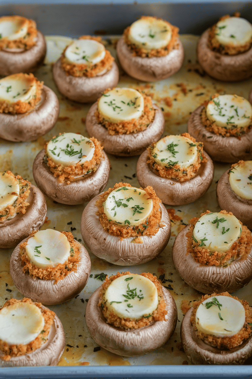 An indoor baking tray featuring button mushrooms stuffed with breadcrumbs and herbs, cheese lightly melted on top. No logos or text visible; photo not illustration.