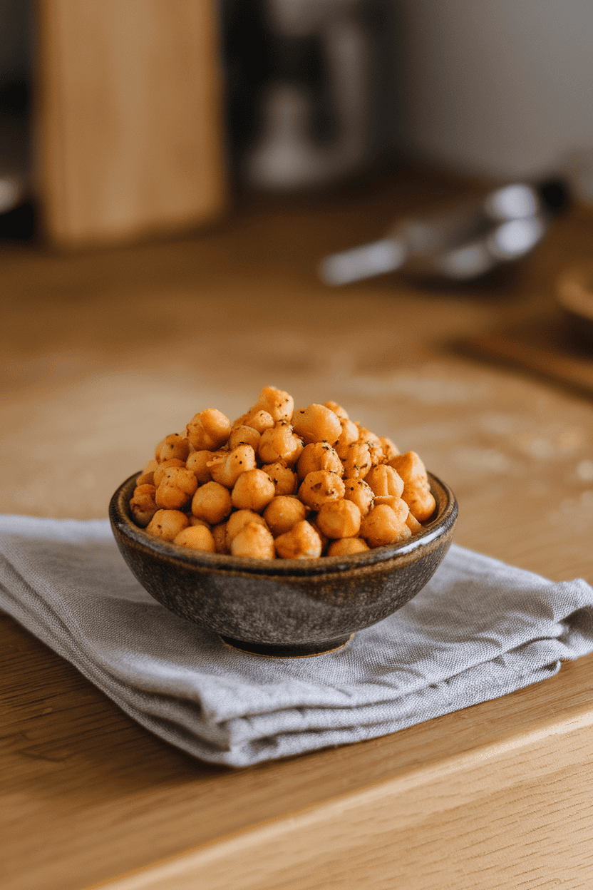 A photo of a small indoor bowl filled with golden roasted chickpeas, lightly seasoned, placed on a linen napkin, no text or logos anywhere.