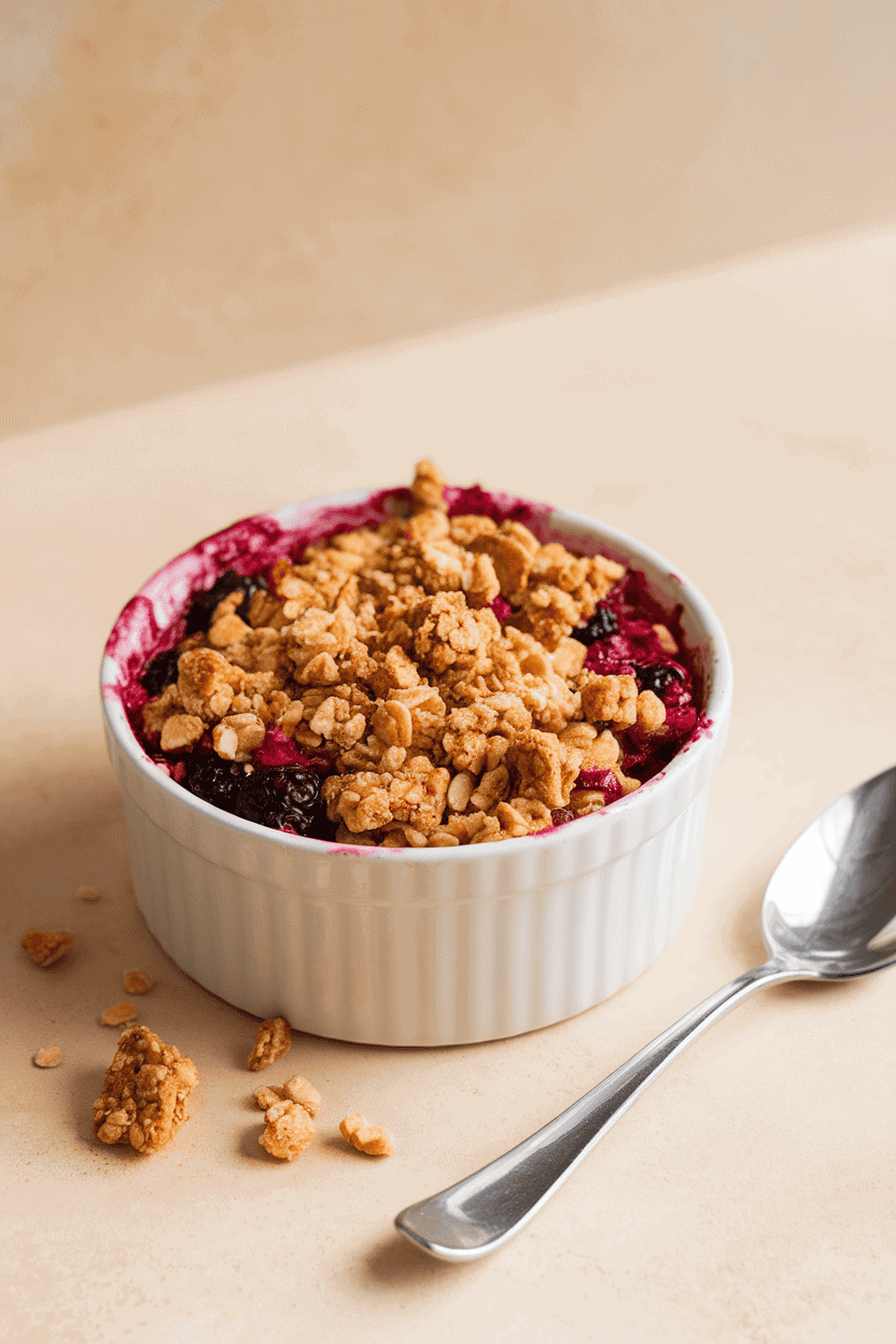 An indoor ramekin of warm berry crumble topped with crumbled granola bar pieces, spoon resting nearby; no logos, soft light. Photo, not illustration.
