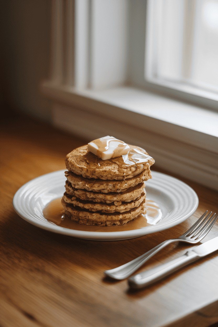 Photo of a stack of small oatmeal pancakes topped with a pat of butter and drizzle of syrup, indoor breakfast table scene; no text or logos.