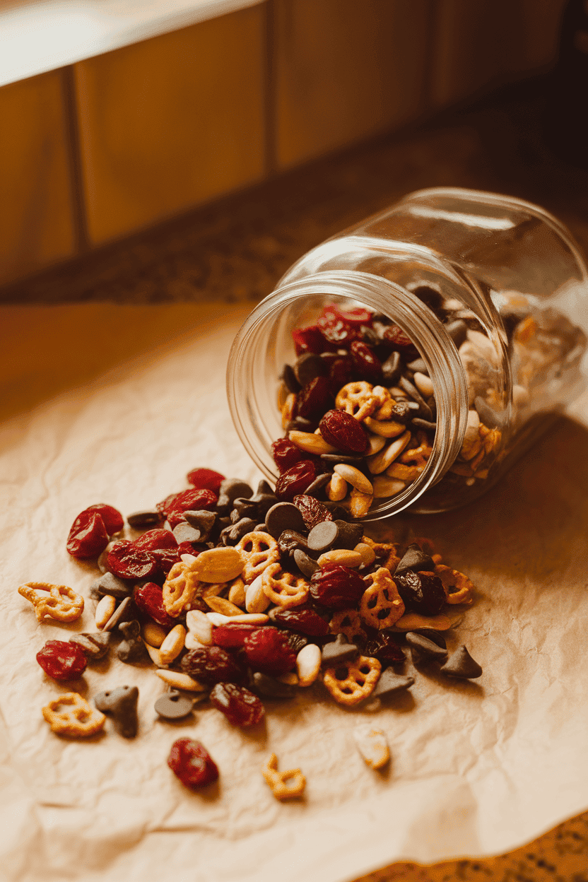 Indoor countertop scene with a glass jar spilling nut-free trail mix—dried cranberries, sunflower seeds, pretzel pieces, and chocolate chips—onto parchment paper. Warm lighting, no text or logos, photo only.