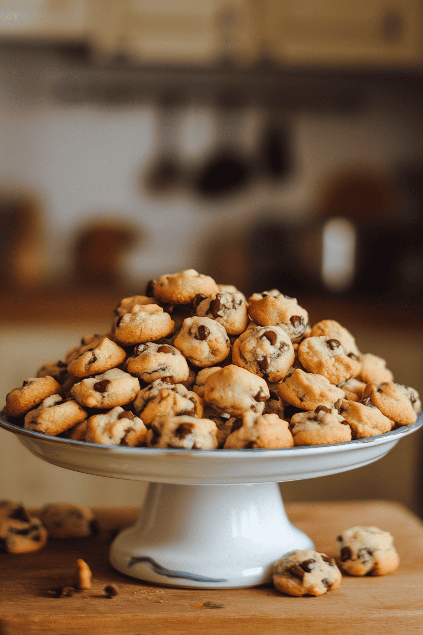 A white porcelain plate indoors piled with bite-size chocolate chip cookies, chips slightly melted for a home-baked look. No text or logos visible, photo only.