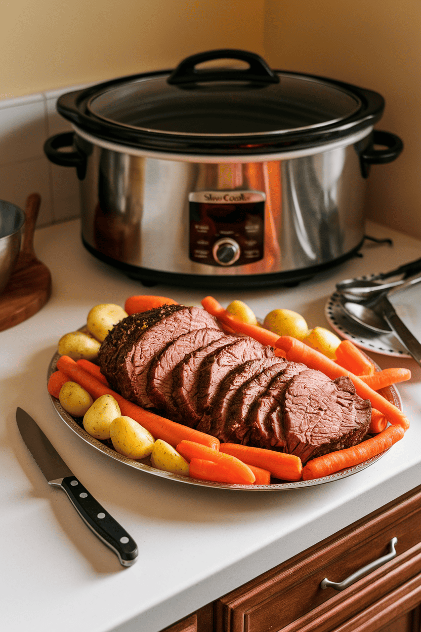 A warmly lit indoor countertop with a platter of sliced pot roast surrounded by tender carrots and potatoes, slow cooker in background. No logos or text present.
