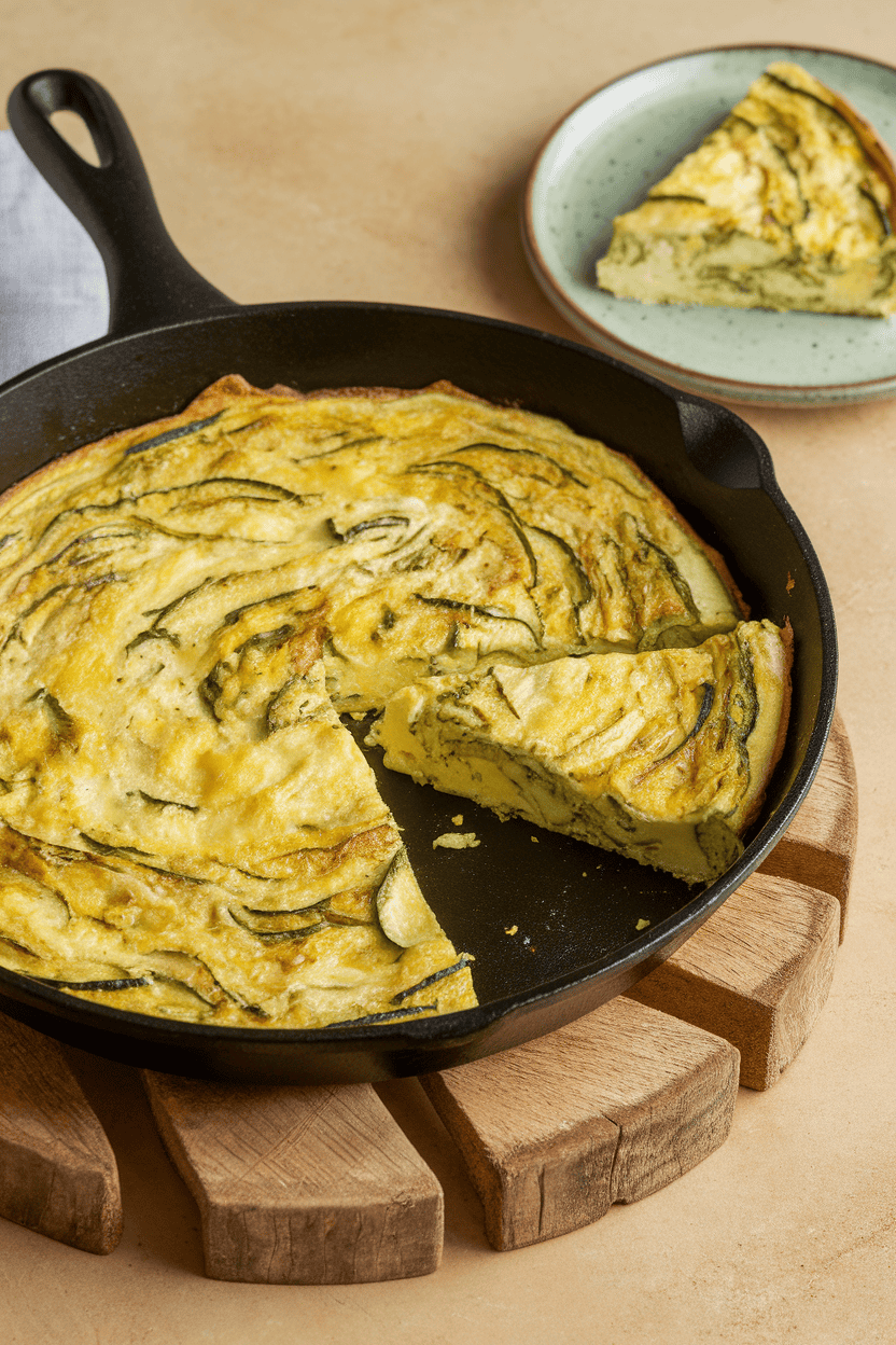An indoor skillet placed on a wooden trivet with a sliced zucchini frittata showing green flecks throughout golden eggs. No text or logos. Photo, not illustration.