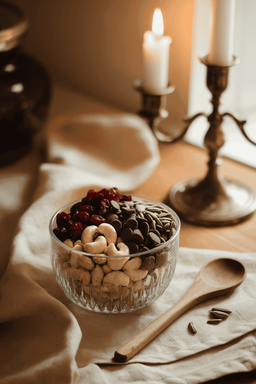 A warmly lit indoor tabletop with a glass bowl of mixed nuts, dried cranberries, dark chocolate chips, and sunflower seeds, a wooden spoon resting beside it. No visible brand names or signage.