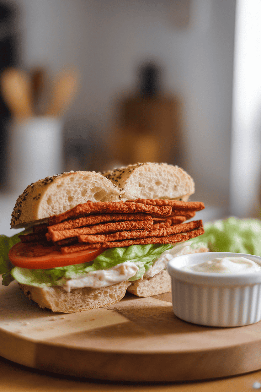 Photo taken indoors showing a sliced everything bagel filled with crispy smoked tempeh strips, lettuce, and tomato, a small ramekin of mayo beside it. No logos, natural morning light.