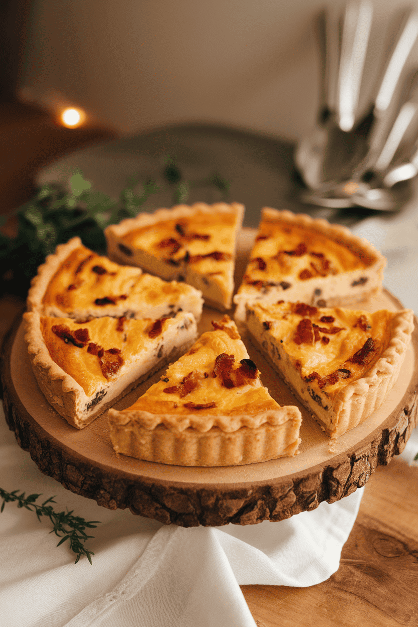 Indoor photo of triangular slices of quiche Lorraine on a wooden serving board, flaky crust and bacon bits visible. Warm lighting, no text or logos.