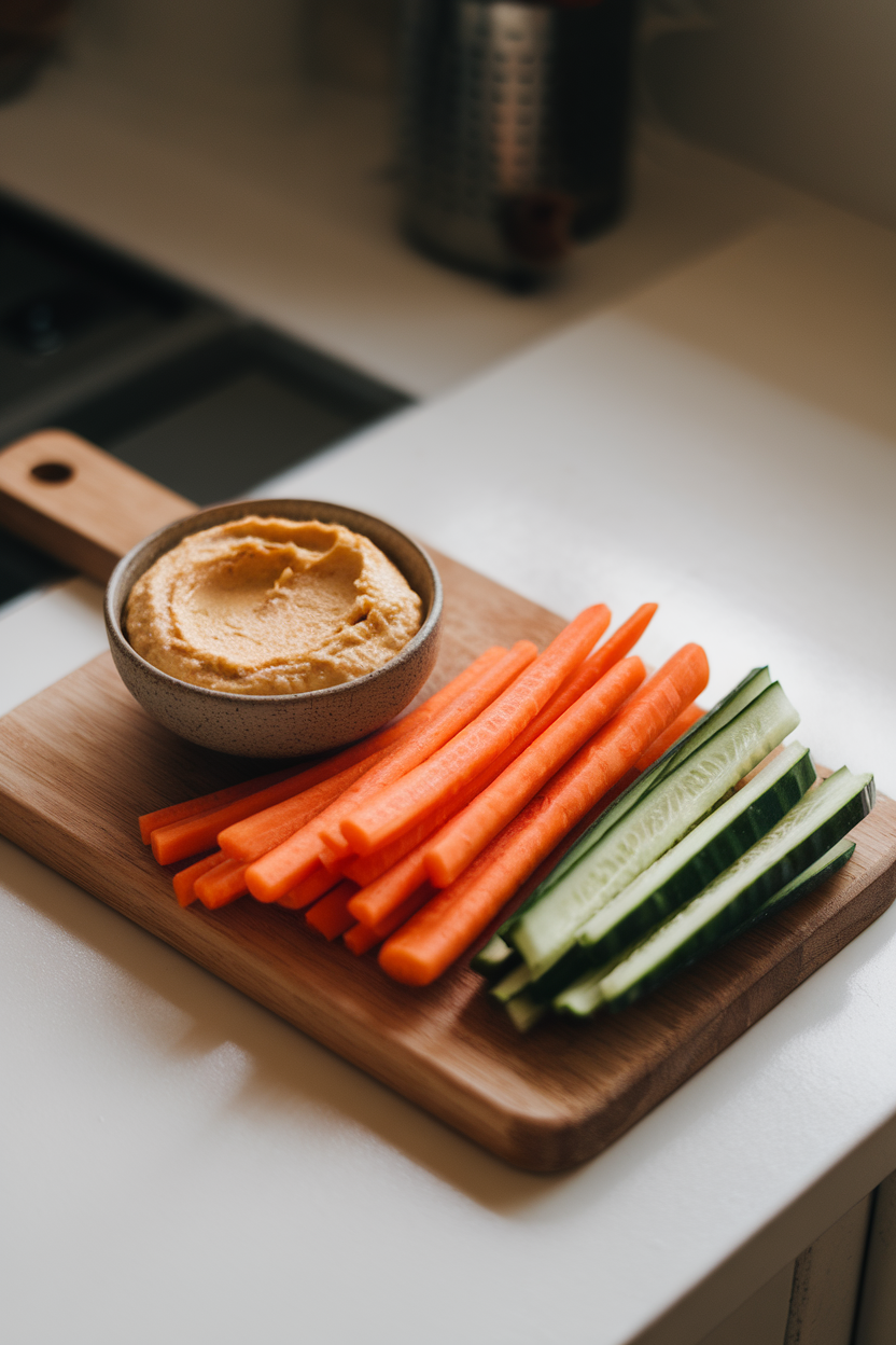 A wooden indoor cutting board holding carrot and cucumber sticks beside a small bowl of hummus, soft overhead light, no text or logos.