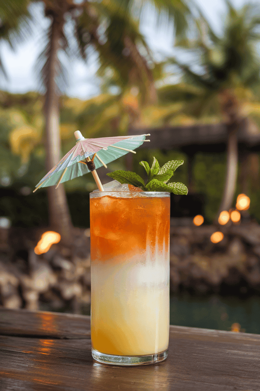 Photo, indoors, tiki glass with layered amber and pale yellow mai tai, tiny umbrella and mint sprig garnish. No text or logos.