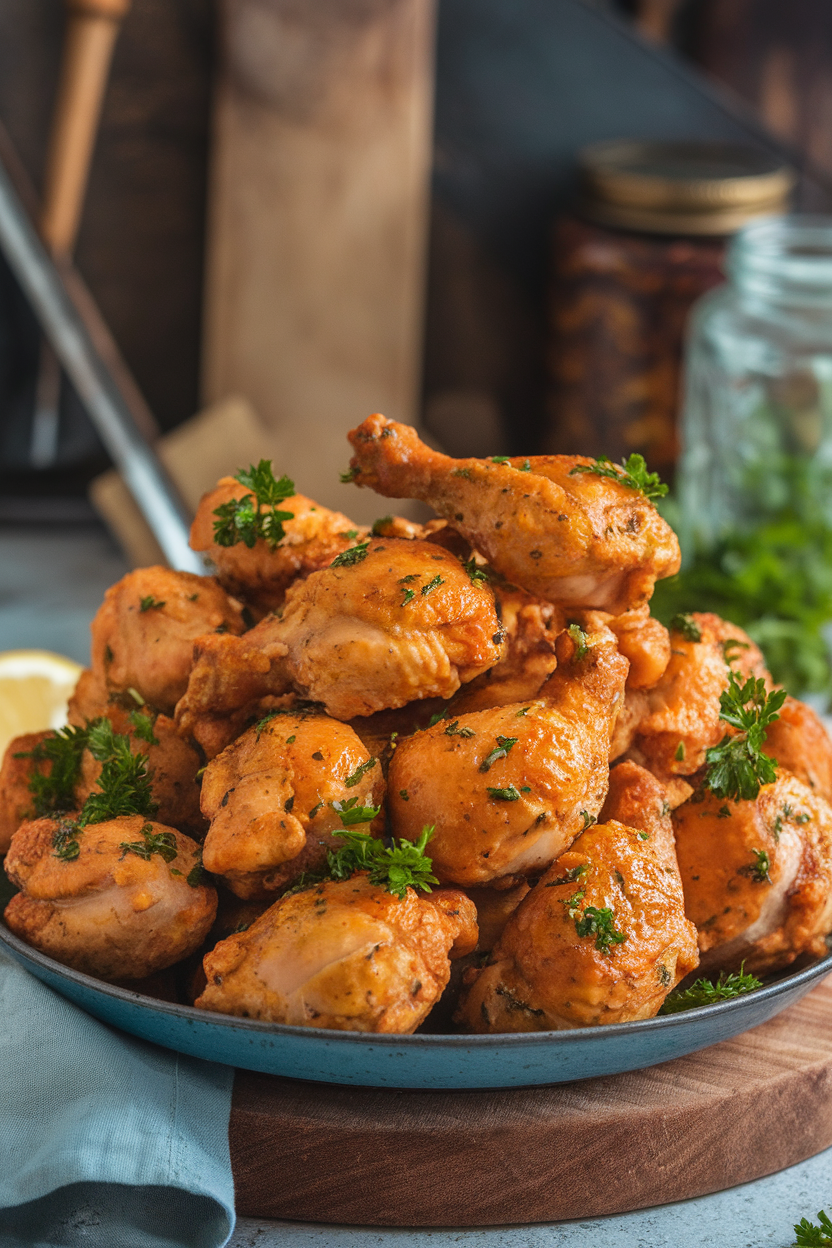 Photo of an indoor serving platter piled with cooked, golden chicken drumettes glazed in lemon-herb butter, garnished with parsley. Slight overhead angle; no logos or text in frame.
