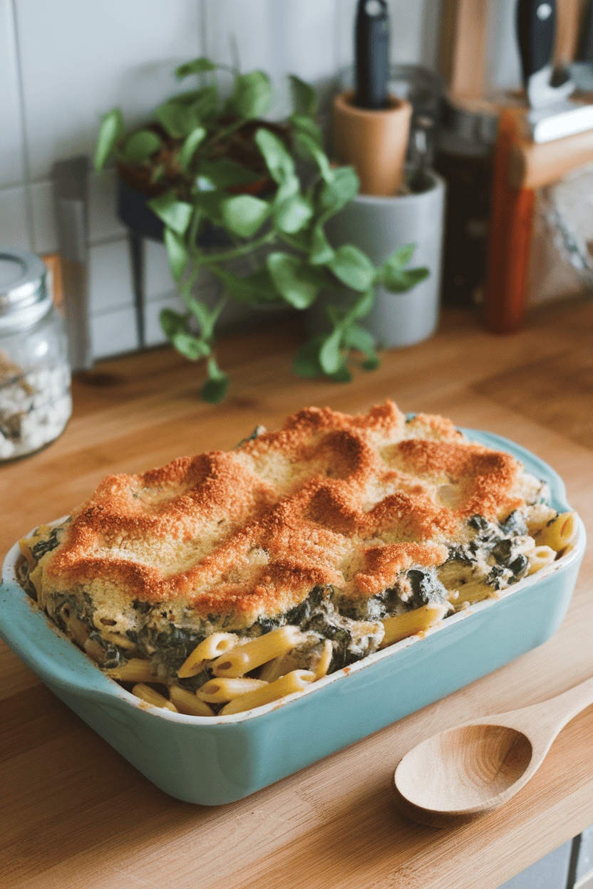 Photo of an indoor kitchen counter displaying a casserole of penne coated in creamy spinach-artichoke sauce, parmesan topping lightly browned. No text or logos in view.