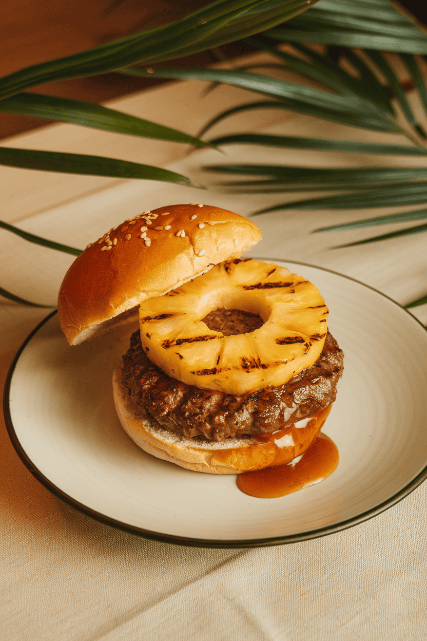 Indoor tabletop scene with teriyaki-glazed beef burger on a bun, grilled pineapple ring on top, sauce dripping slightly. Photo only, no text or logos.