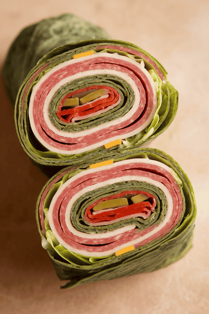 Indoor photo of colorful pinwheel slices revealing layers of salami, ham, provolone, lettuce, and pepperoncini wrapped in a spinach tortilla. Slight overhead angle, no text or logos.