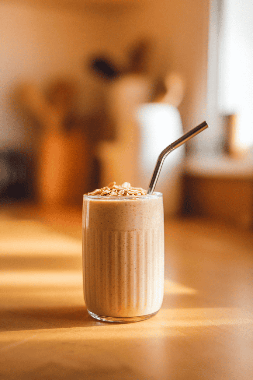 A warmly lit indoor kitchen counter showing a clear glass of creamy light-brown peanut-butter banana smoothie, topped with a pinch of rolled oats and a reusable metal straw; soft background blur; photograph, not illustration; no text or logos.