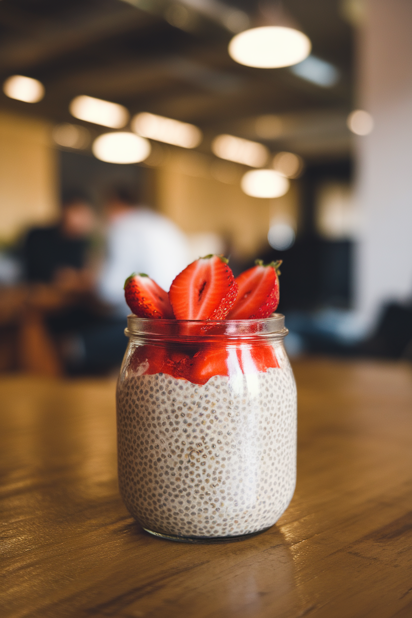 Photo — an indoor coworking space table showing a glass jar of vanilla chia pudding topped with sliced strawberries. Warm side lighting; no text or logos visible.