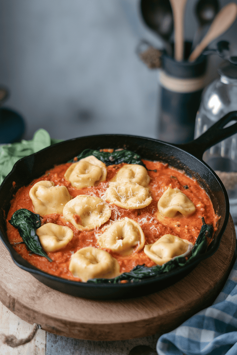 Indoor tabletop scene with a skillet of cheese tortellini coated in creamy tomato sauce with wilted spinach leaves, steam visible, no logos.