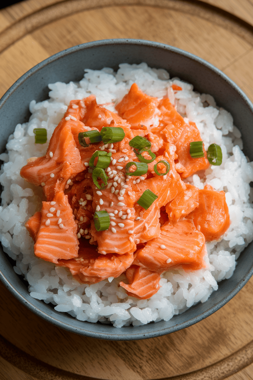 Photo prompt: Indoor shallow bowl with cooked teriyaki salmon flakes on a bed of chilled rice, sprinkled with sesame seeds and green onion; no logos, no text.