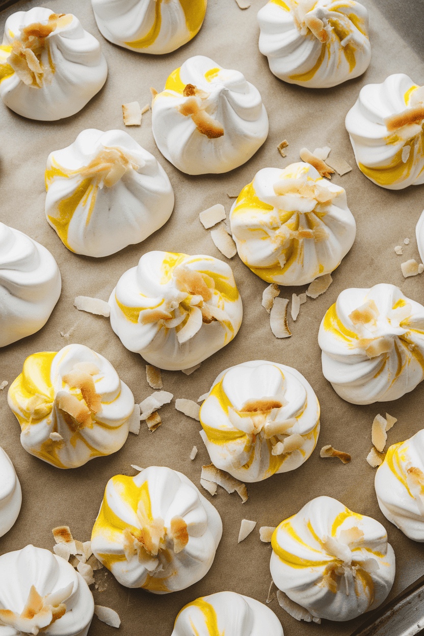 Indoor photo of glossy white meringue kisses swirled with yellow pineapple streaks and topped with toasted coconut flakes on a baking sheet, overhead lighting, no text or logos