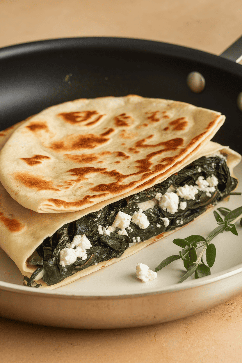 Photo of a folded tortilla warmed in a pan, filled with wilted spinach and feta crumbles, photographed indoors; no text or logos.